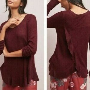 Anthropologie Saturday Sunday Burgundy Wendy Thermal Ruffle Long Sleeve Top
